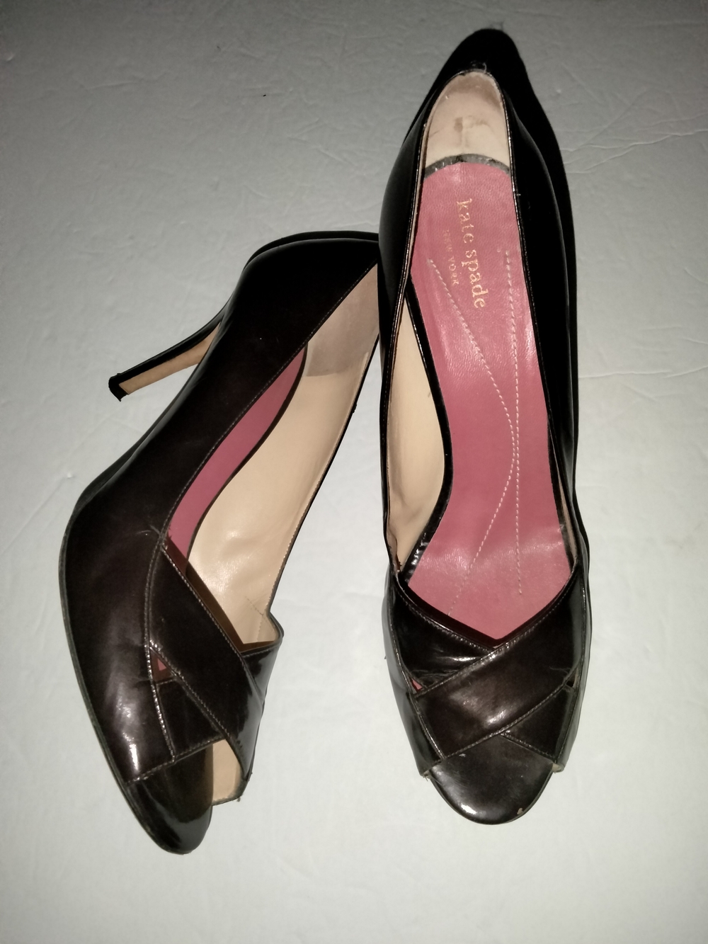 Kate Spade NY (Sz 11) Dark Burgundy Brown Crisscross Peep-Toe Leather 3" Pumps